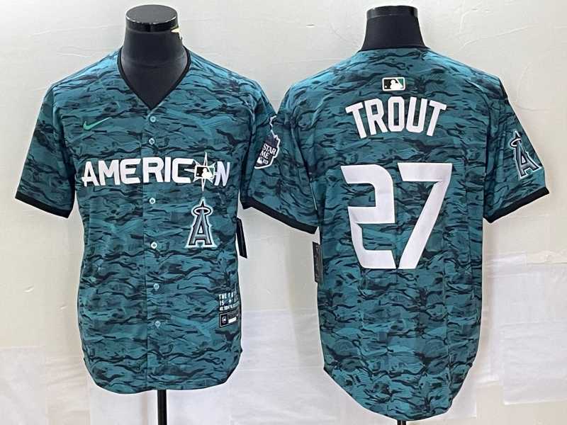Mens Los Angeles Angels #27 Mike Trout Teal 2023 All Star Cool Base Stitched Jersey1->los angeles angels->MLB Jersey